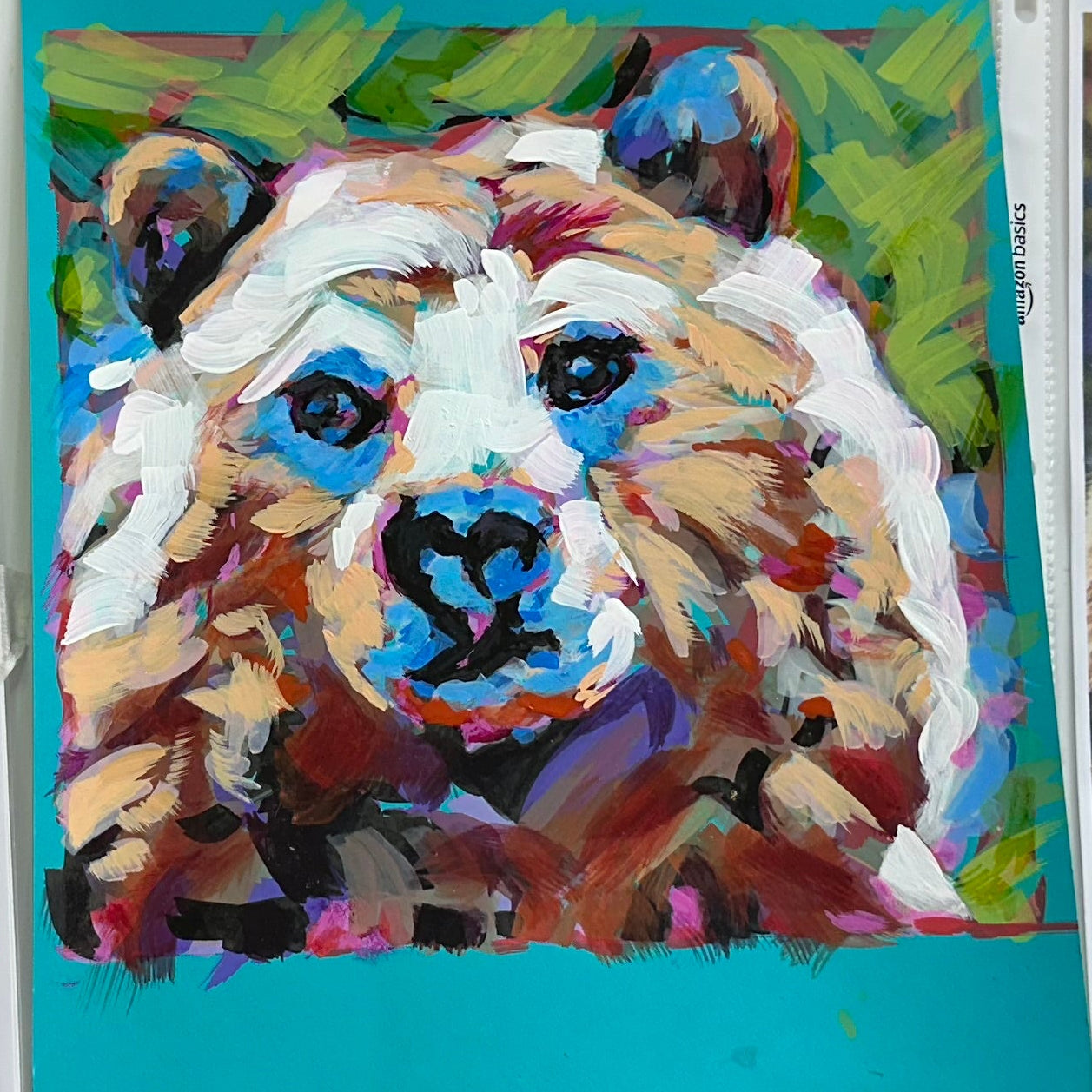 PRINT of a brown bear painted with acrylics on blue cardstock 8"x10" unframed $30.00