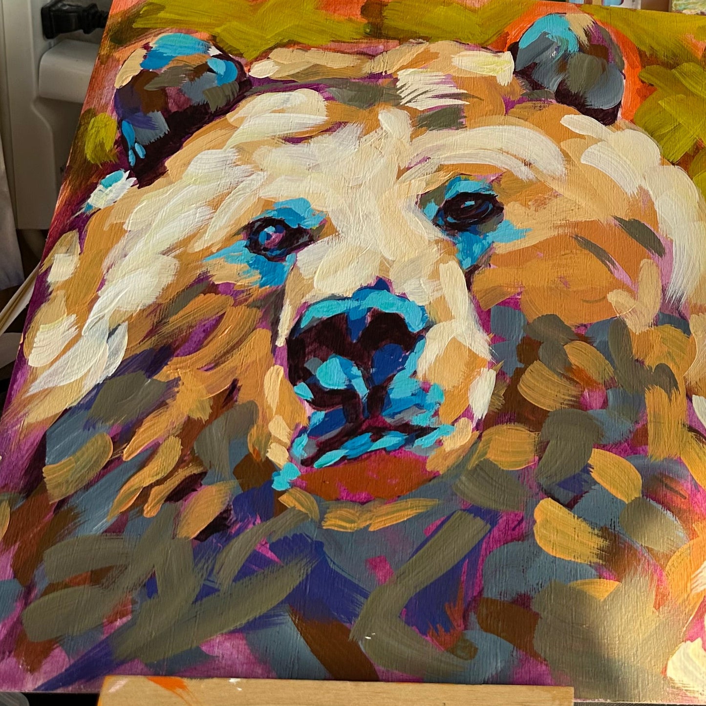 colorful brown bear 11"x14" painted in acrylics under the instruction of alikaystudio.com
